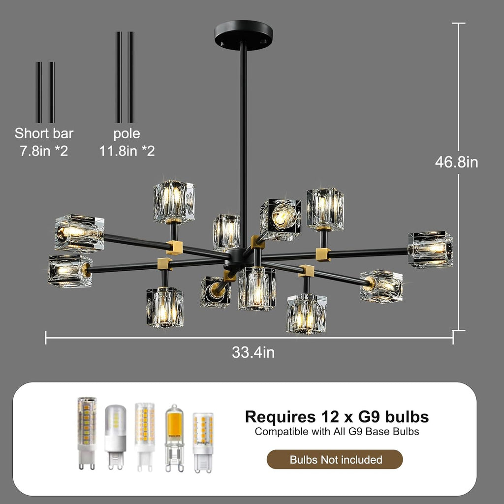 Modern Sputnik Crystal Kitchen Chandelier - Luxury Elegant 12 Light Adjustable Height Pendant Lighting Ceiling Fixture - Black and Gold Brushed Brass Chandeliers for Dining Room Living Room Island