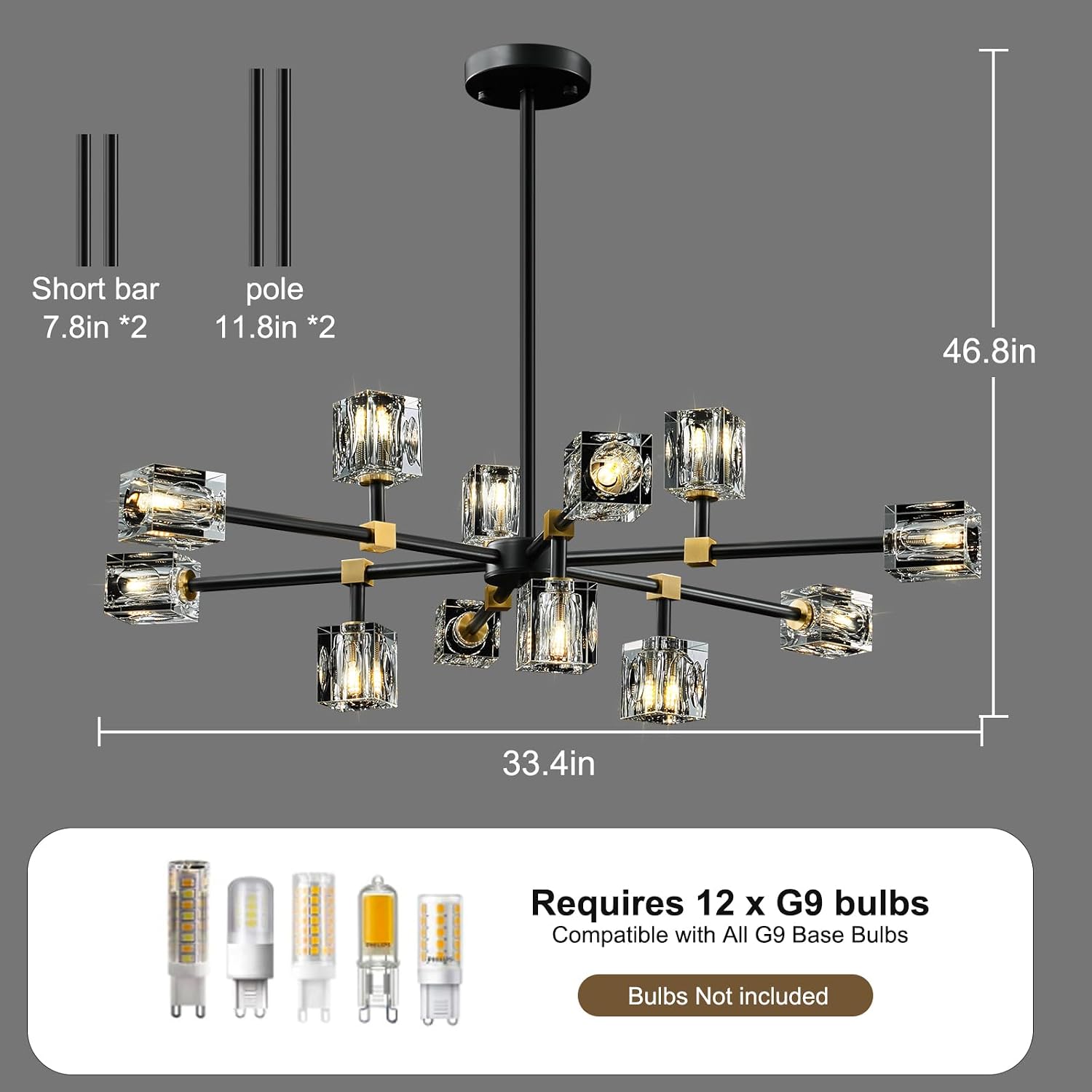 Modern Sputnik Crystal Kitchen Chandelier - Luxury Elegant 12 Light Adjustable Height Pendant Lighting Ceiling Fixture - Black and Gold Brushed Brass Chandeliers for Dining Room Living Room Island
