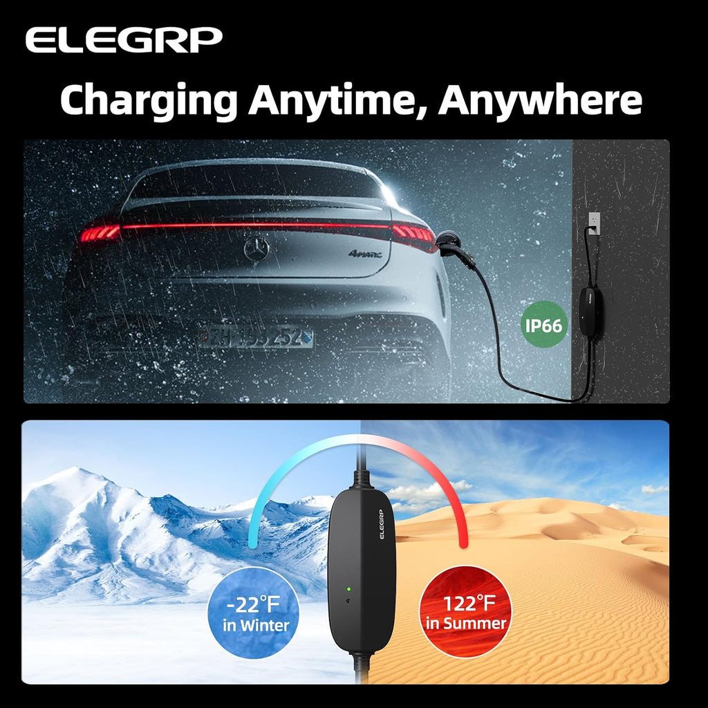 ELEGRP Level 1/2 EV Charger, 16 Amp, Portable J1772 Electric Car Charger, 25FT Cable, NEMA 6-20 & 5-15 Adapter, 110V-240V for BEVs/PHEVs, PBE & LRC Technology
