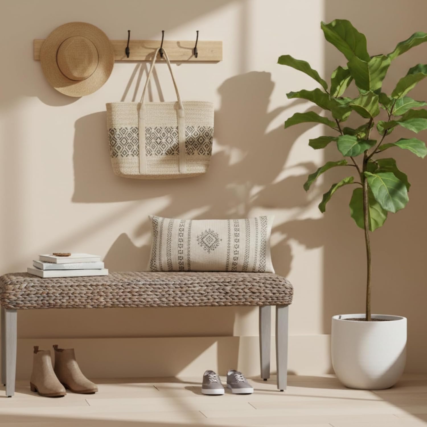 Solid Wood Acacia Indoor Bench with Natural Woven Water Hyacinth Seat, Wood Bench for Living Room or Entryway, Vintage Bench, Fishbone Style, Grey Leg
