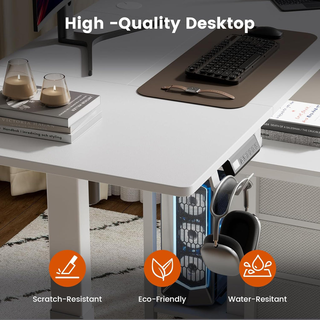 REAHOME Electric Standing Desk with Drawers, 47 x 24 Inches Height Adjustable Sit Stand Desk with Storage, 3 Memory Preset Home Office Computer Table, Printer Cabinet, 2 Hooks, Cable Management, White