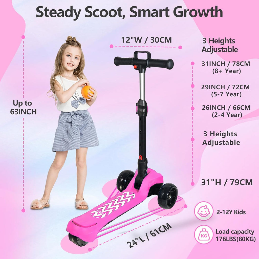 Electric Scooter for Kids Ages 3-12, Full Body Lights Up, Wide Deck, 3 Adjustable Heights, 5MPH Safe Speed, 90min Riding, Foldable 3 Wheel Electric Scooter for Kids Boys Girls Toddler