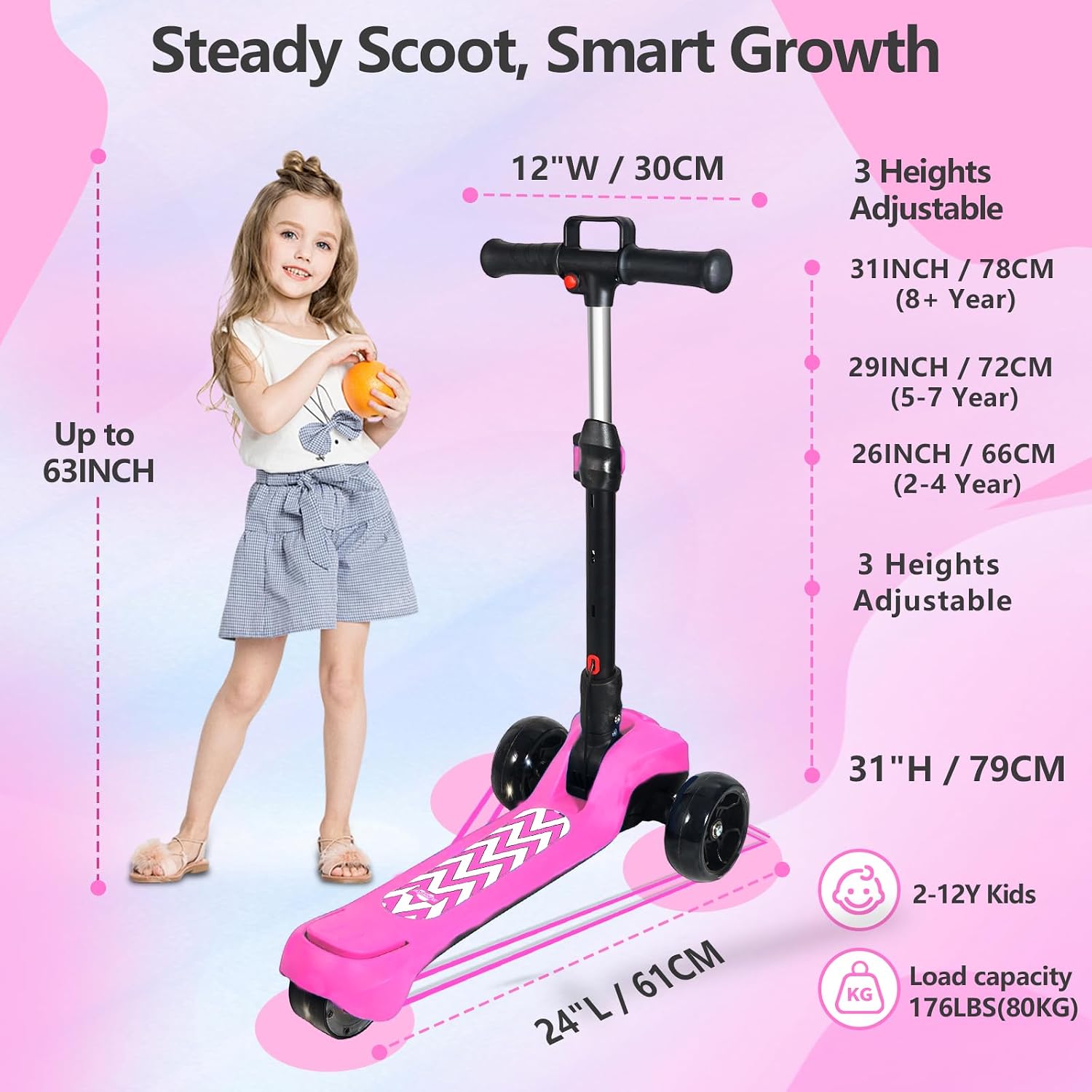 Electric Scooter for Kids Ages 3-12, Full Body Lights Up, Wide Deck, 3 Adjustable Heights, 5MPH Safe Speed, 90min Riding, Foldable 3 Wheel Electric Scooter for Kids Boys Girls Toddler