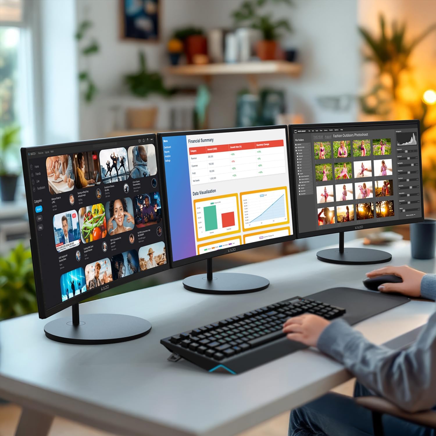 Kado Triple Monitor Setup - 3-Pack 27' 1920x1080 Curved Computer Monitor 1500R 75Hz VESA Mount HDMI Office Gaming Hybrid Sim Racing Built-in Speakers (C27 Trio Series)