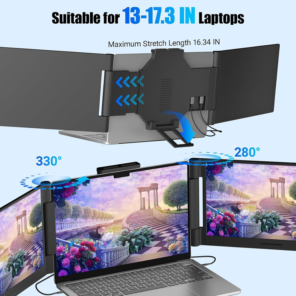 Funhill Laptop Screen Extender 14 inch Laptop Monitor Extender 1080P IPS, Triple Portable Monitor for Laptops 13-17.3' with Display/HDMI Port, Plug-Play Portable Screen for Windows/Chrome/Android