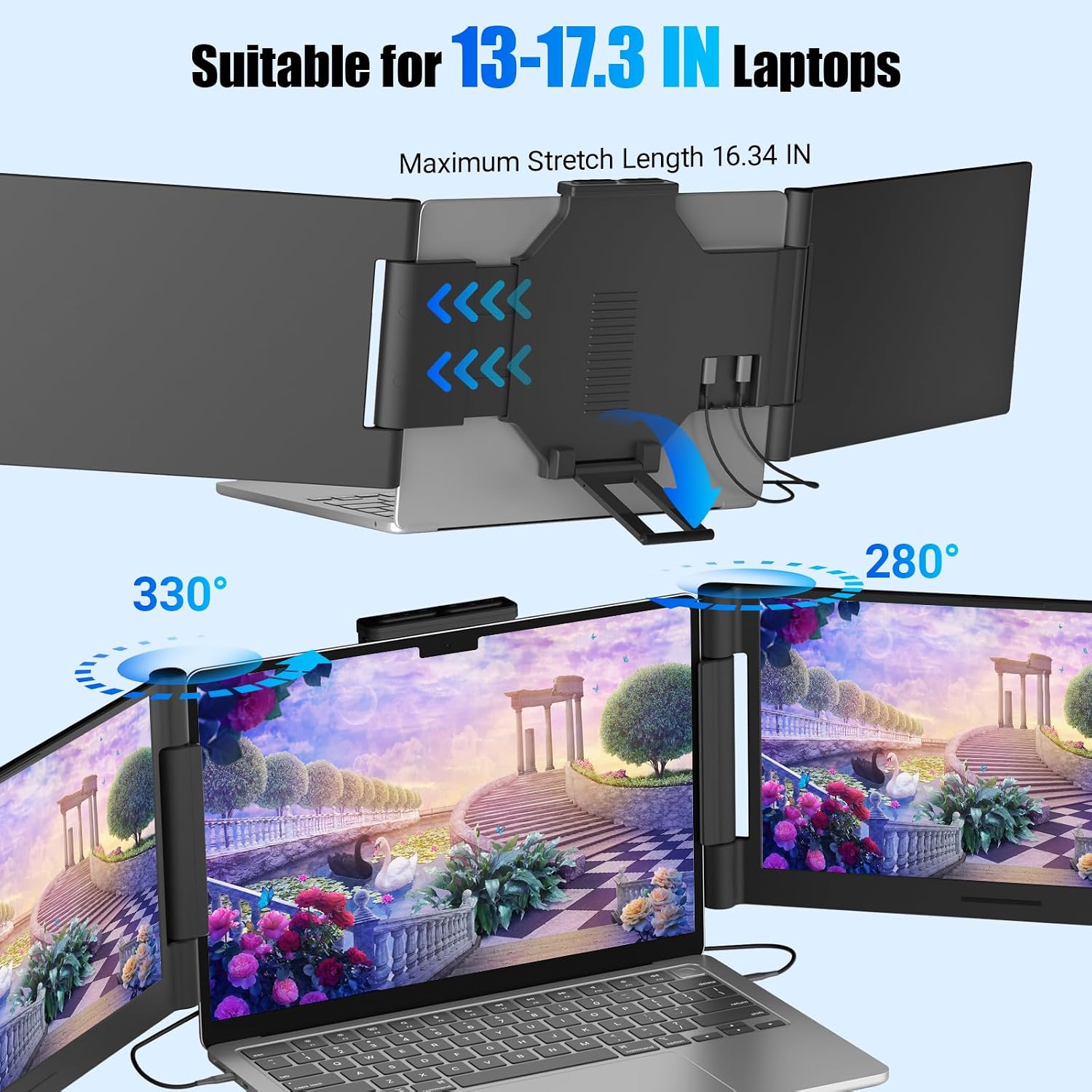 Funhill Laptop Screen Extender 14 inch Laptop Monitor Extender 1080P IPS, Triple Portable Monitor for Laptops 13-17.3' with Display/HDMI Port, Plug-Play Portable Screen for Windows/Chrome/Android