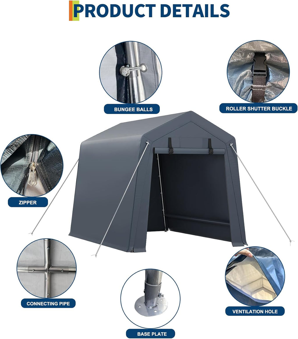 GarveeHome 6x6 FT Portable Outdoor Storage Shed with Roll-Up Zipper Door & Vent, 240G Heavy-Duty Shelter Waterproof PE Tarp, UV-Resistant Carport for Motorcycle, Firewood, Tools -Gray (Gray, 6x8)