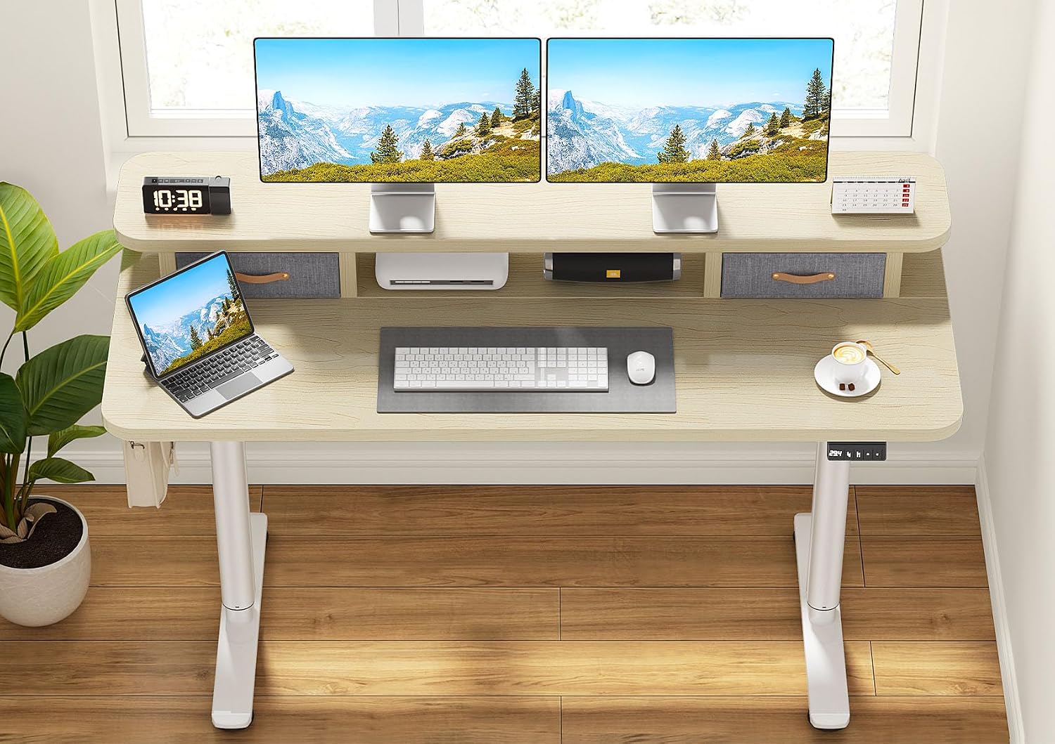 Flycity Electric Standing Desk with Dual Drawers, 55' x 24' Height Adjustable Desk Sit Stand Desk with Memory Controller, Casters & 2 Hooks, Ergonomic Low Noise Home Office Desk, Maple