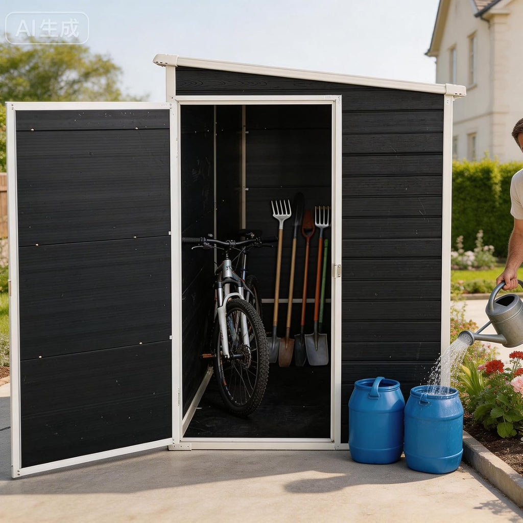 Resin Shed with Floor Included, Outdoor Resin Shed, 4x8FT Storage Shed with Floor Included with Two Windows, Lockable Doors for Garden Tools