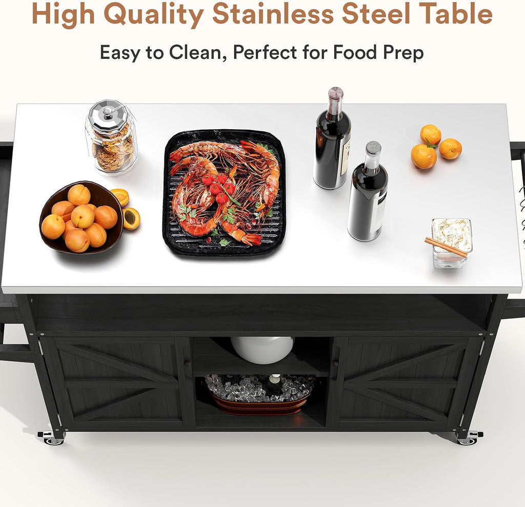 Zevemomo Outdoor Grill Cart, Stainless Steel Tabletop Outdoor Kitchen Island, Solid Wood Outdoor Buffet Cabinet with Lockable Wheels for Grilling, Black