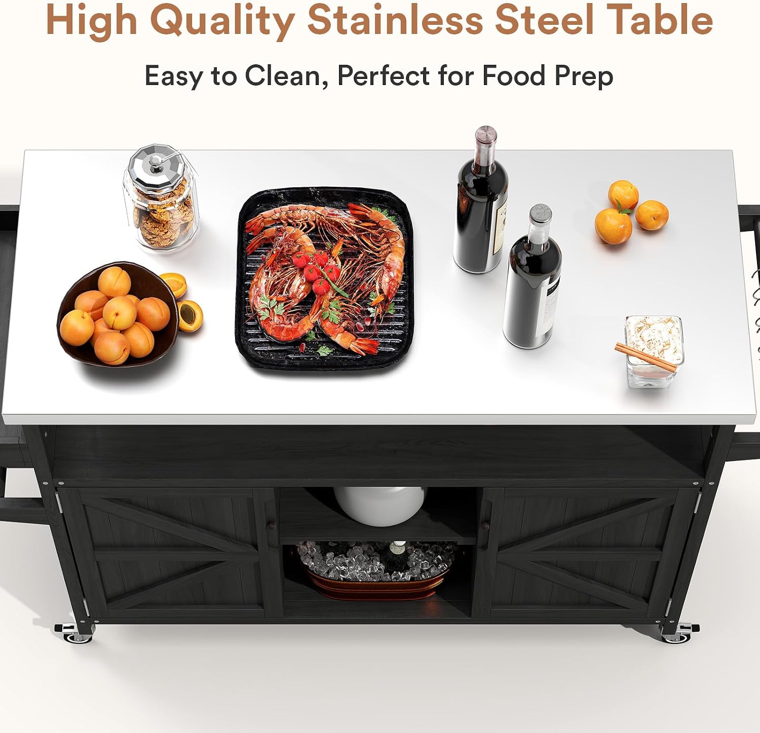 Zevemomo Outdoor Grill Cart, Stainless Steel Tabletop Outdoor Kitchen Island, Solid Wood Outdoor Buffet Cabinet with Lockable Wheels for Grilling, Black