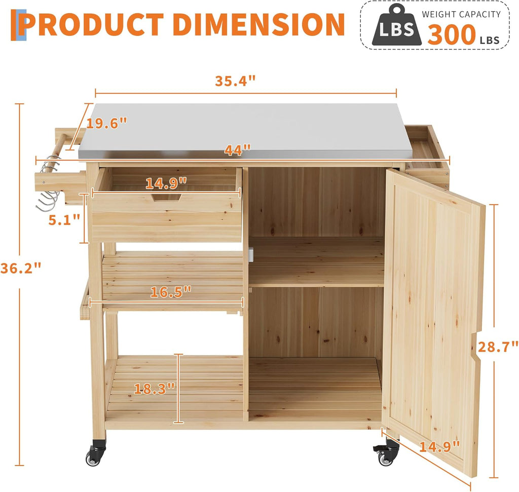Solid Wood Outdoor Grill Cart Storage Cabinet Outdoor Grill Cart, BBQ Cart Prep Table with Stainless Steel Top, Drawer, & Open Shelves, Portable Rolling Kitchen Island for Patio, Garden, Backyard