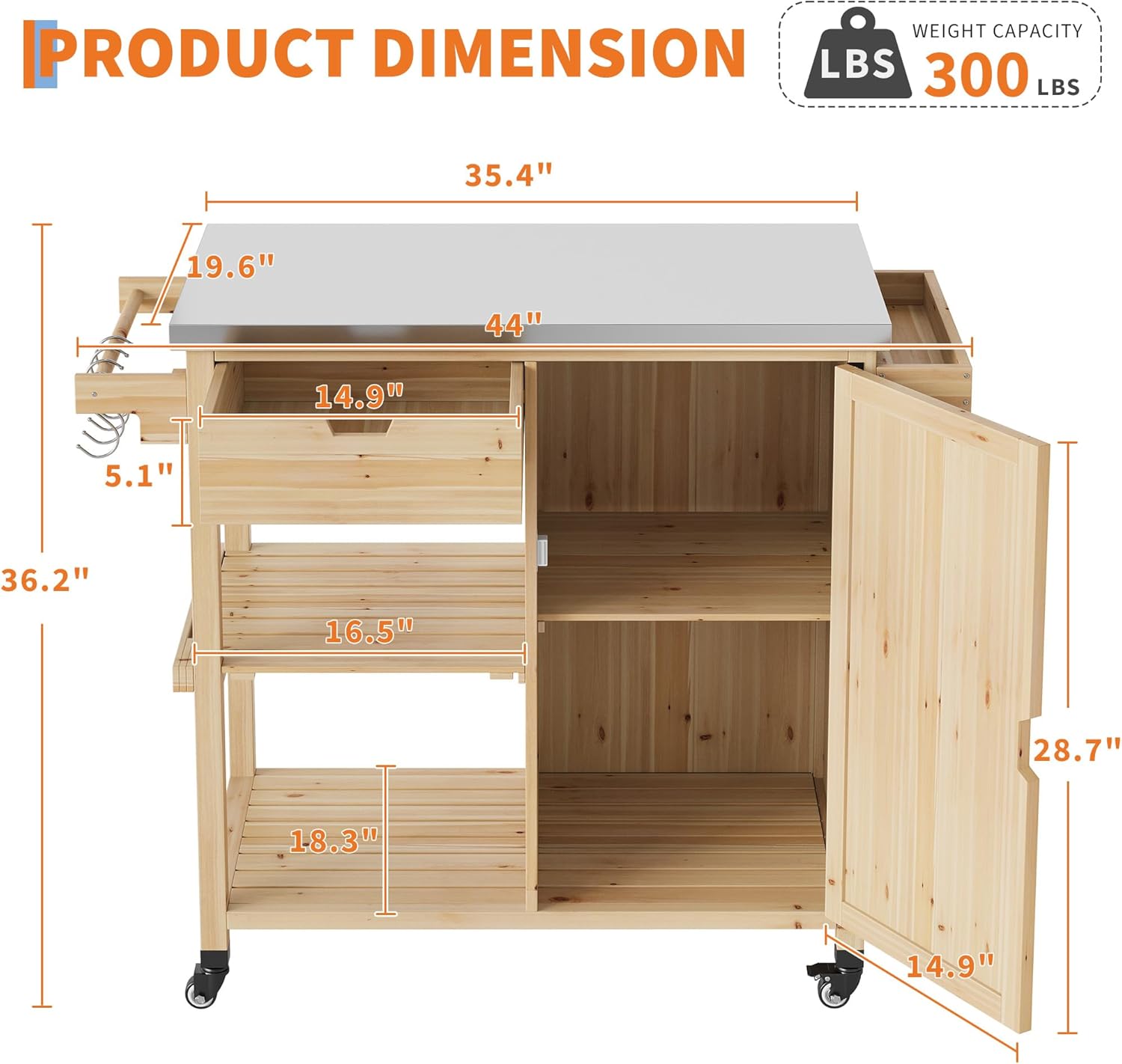 Solid Wood Outdoor Grill Cart Storage Cabinet Outdoor Grill Cart, BBQ Cart Prep Table with Stainless Steel Top, Drawer, & Open Shelves, Portable Rolling Kitchen Island for Patio, Garden, Backyard