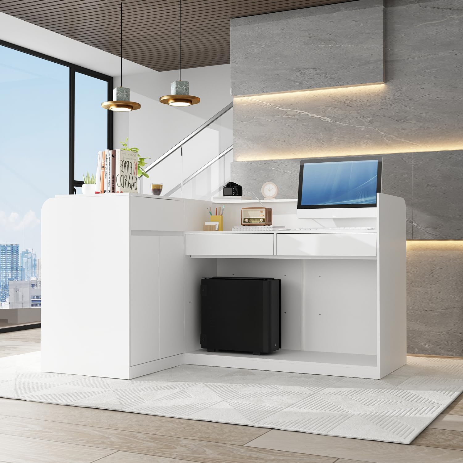 ECACAD 70.9' Large L-Shaped Reception Desk with 3 Drawers, 15 Open Shelves, Counter Top & Monitor Stand, Office Desk Reception Counter Table with File Cabinet, White