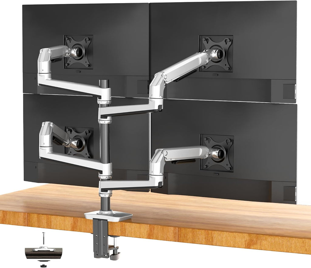 Heavy Duty Quad Monitor Mount Desk Stand, Mechanical Spring 4 Monitor Arm Fits Four 13-40 Inch Screens up to 25 lbs Each, Fully Motion VESA Mount Base (C-Clamp/Grommet), Premium Aluminum, Silver
