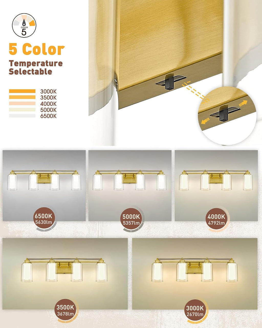 4 Light Bathroom Vanity Light, HWH Brushed Gold Vanity Lights for Bathroom, Brass Gold Wall Light Fixtures Clear Glass, Dimmable LED Vanity Lights for Mirror 24W 5CCT, 5HLT63B-4W-LED BG