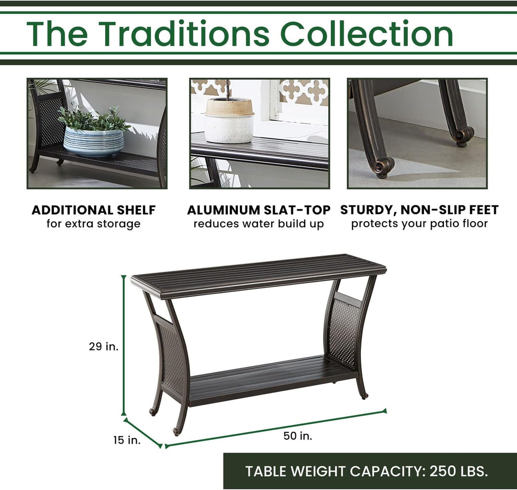 Hanover Traditions Outdoor Table, 50' Slat Top Console Table with 2 Shelves, Rust-Resistant All-Weather Patio Table with Brushed Bronze Finish, Perfect for Storage and Display Space or Bar Set Up