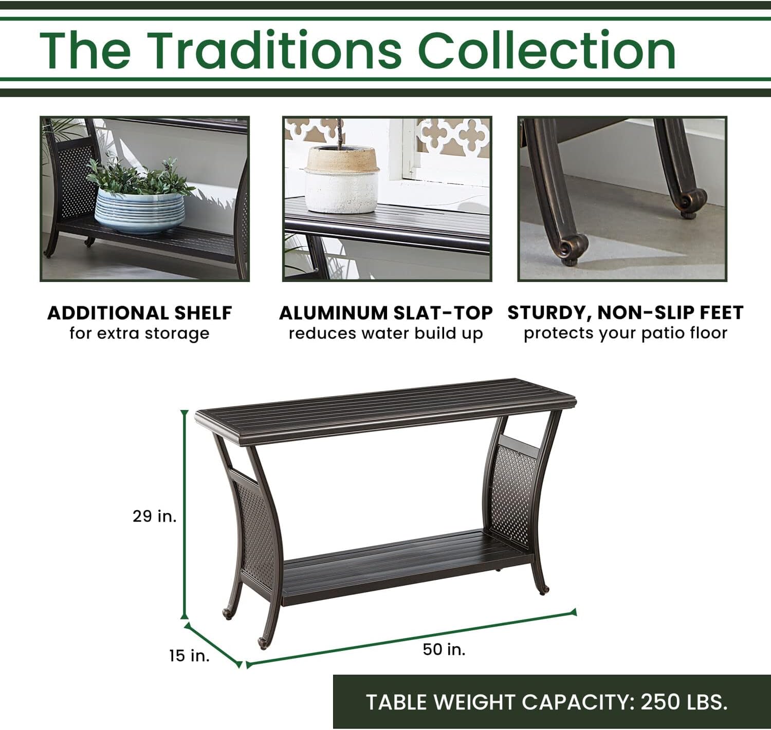 Hanover Traditions Outdoor Table, 50' Slat Top Console Table with 2 Shelves, Rust-Resistant All-Weather Patio Table with Brushed Bronze Finish, Perfect for Storage and Display Space or Bar Set Up