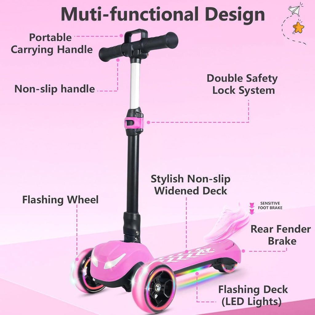 Electric Scooter for Kids Ages 3-12, Full Body Lights Up, Wide Deck, 3 Adjustable Heights, 5MPH Safe Speed, 90min Riding, Foldable 3 Wheel Electric Scooter for Kids Boys Girls Toddler