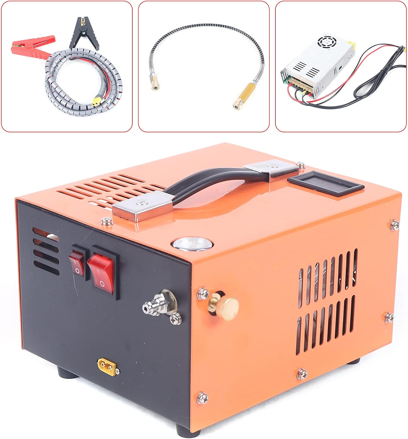 PCP High Pressure Air Compressor, 4500psi 12V PCP Air Compressor Pump Built-in Transformer, Air Pump for Paintball PCP Air Gun,Portable High Pressure Pump Fan Cooling (Orange)