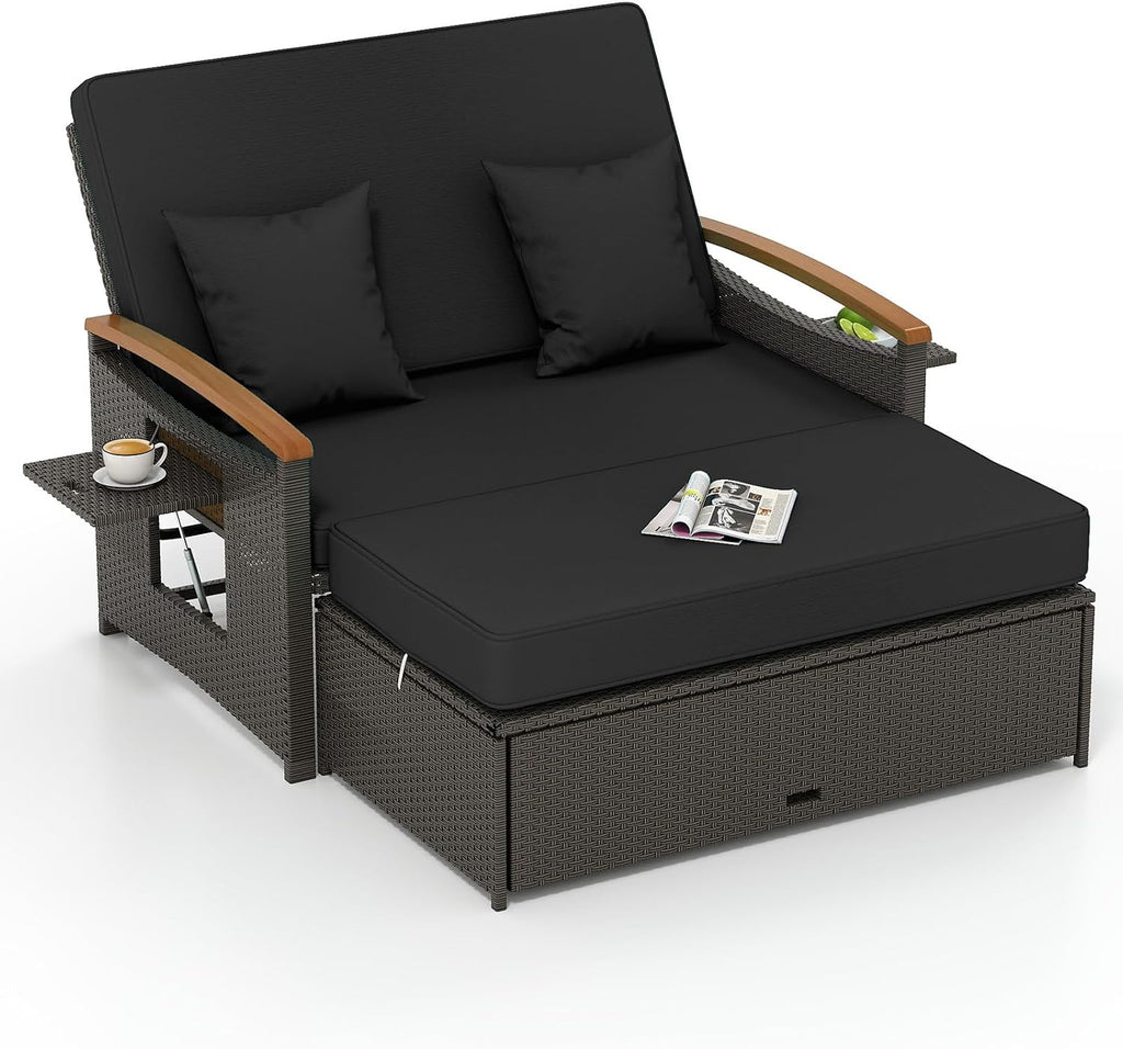 Tangkula Patio Rattan Daybed with 4-Level Adjustable Backrest, Outdoor Wicker Loveseat with Acacia Wood Armrest, Storage Ottoman & Folding Tray, Double Sunbed for Balcony, Backyard & Poolside (Black)