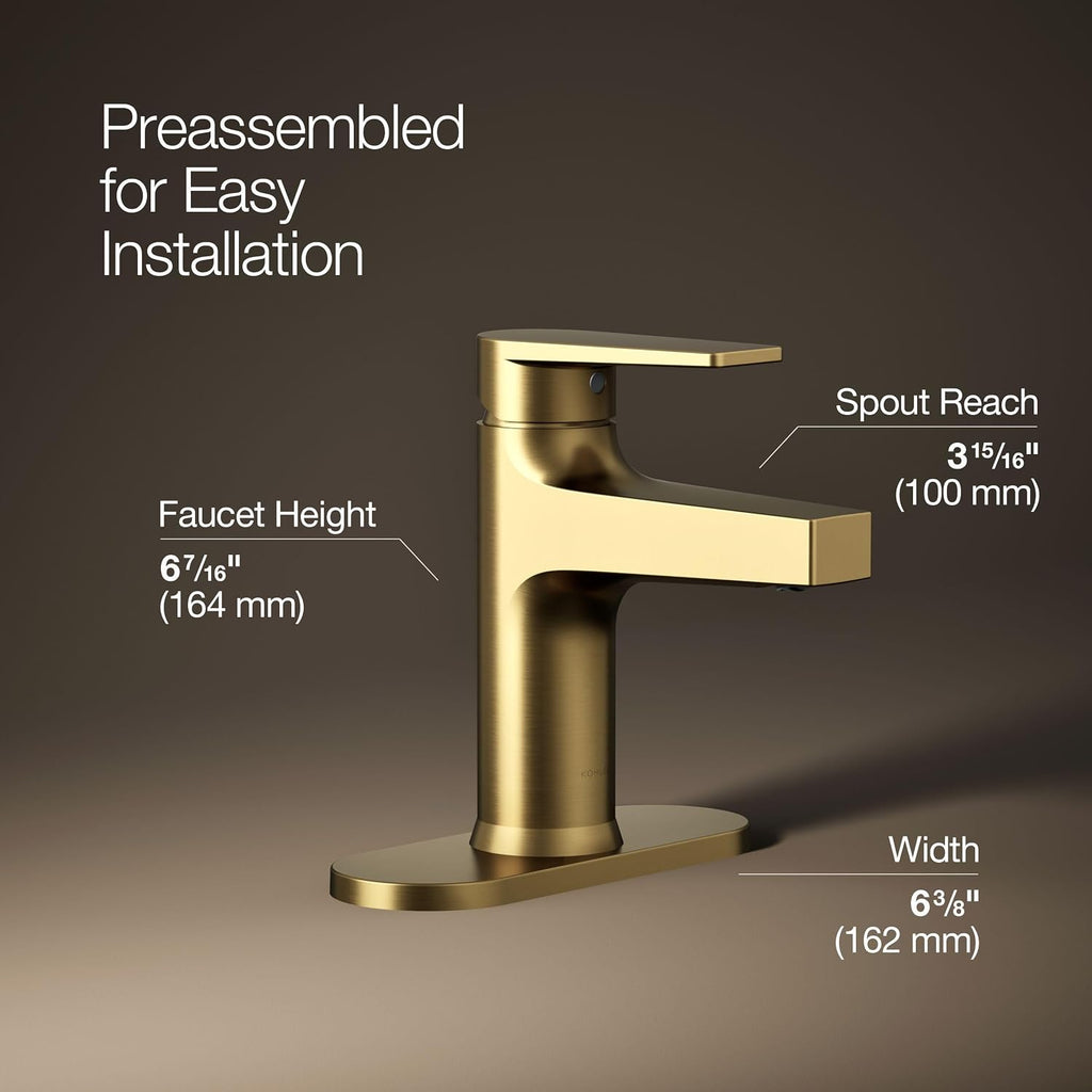 Kohler 74021-4-2MB Taut® Single-Handle Bathroom Sink Faucet, 1.2 gpm, Vibrant Brushed Moderne Brass