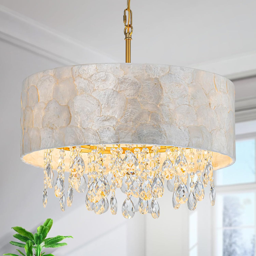 LumFurn D18in Drum Capiz Shell Crystal Chandeliers, 4-Light Coastal Style Light Fixture for Dining Room, Living Room, D18x21~68'(Adjustable), K9 Crystal, Shell Lampshade & Gold Finish