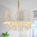LumFurn D18in Drum Capiz Shell Crystal Chandeliers, 4-Light Coastal Style Light Fixture for Dining Room, Living Room, D18x21~68'(Adjustable), K9 Crystal, Shell Lampshade & Gold Finish