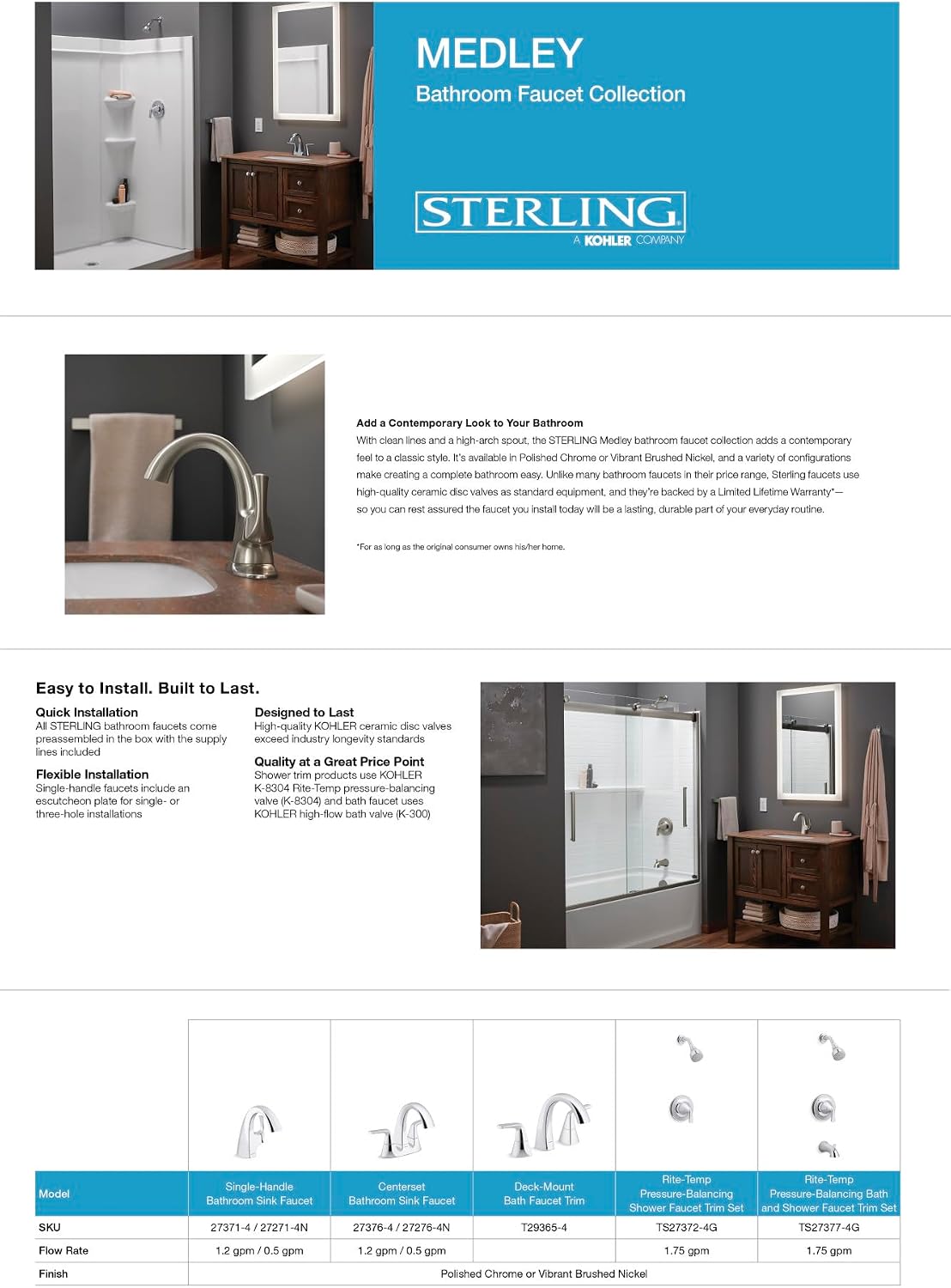 Sterling TS27377-4G-BL Medley Rite-Temp Bath and Shower Faucet Trim Set, 1.75 GPM, Easy to Clean, Premium Durable Construction, Corrosion Resistant, Matte Black