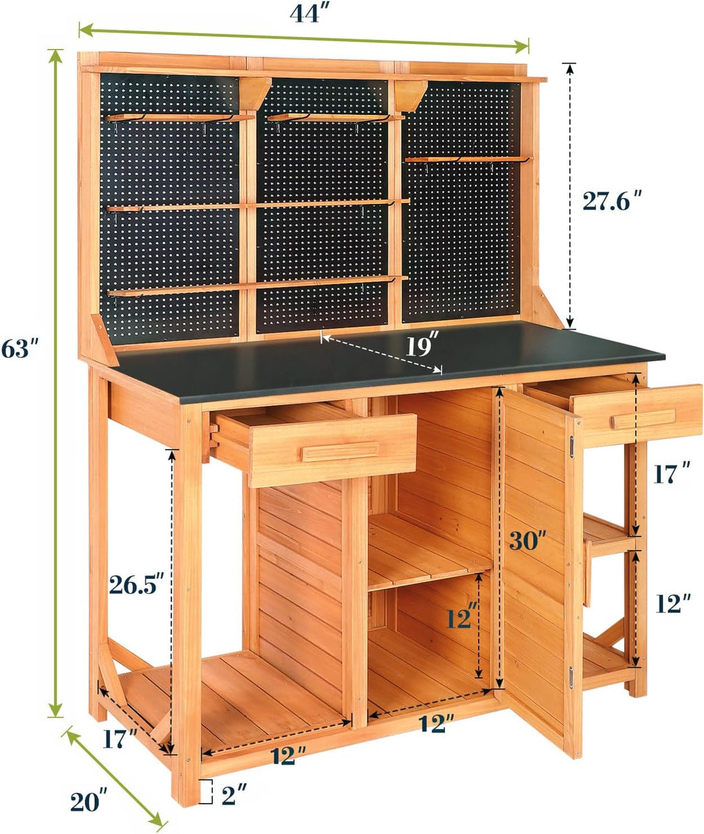 Agitree Outdoor Garden Potting Bench, Horticultural Wooden Workstation Table with Storage Drawer, Cabinet, Metal Pegboard, Adjustable Hooks and Shelves for Backyard, Patio, Greenhouse