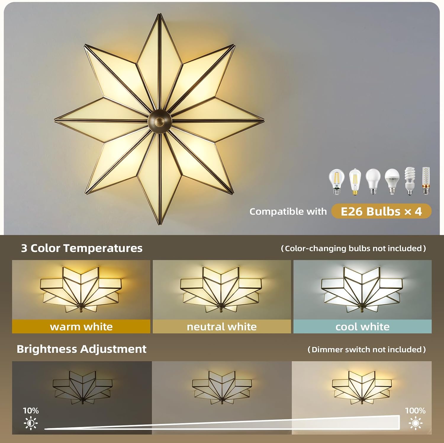 Star Vintage Bronze Ceiling Light - 19.7 Inch Large Milk Glass Antique Flush Mount Fixture - Mid Century Black Art Deco Lighting for Kitchen Hallway Bedroom Bathroom Laundry Entryway Farmhouse Hall