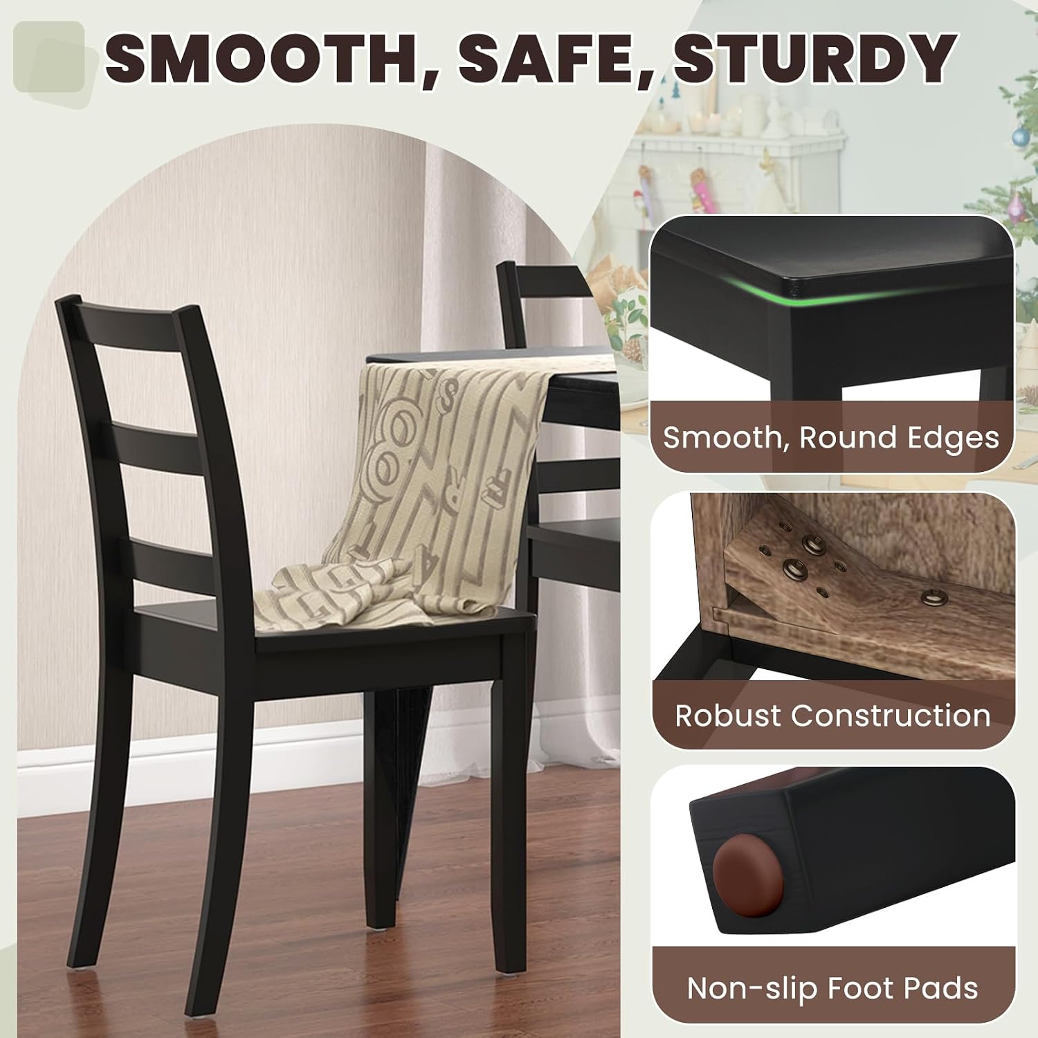 NAFORT Wood Dining Chairs Set of 2 Black, Armless Kitchen Chairs with Solid Rubber Wood Legs, Non-Slip Foot Pads, Max Load 400 Lbs, Farmhouse Seat High Ladder Back Dining Room Chairs