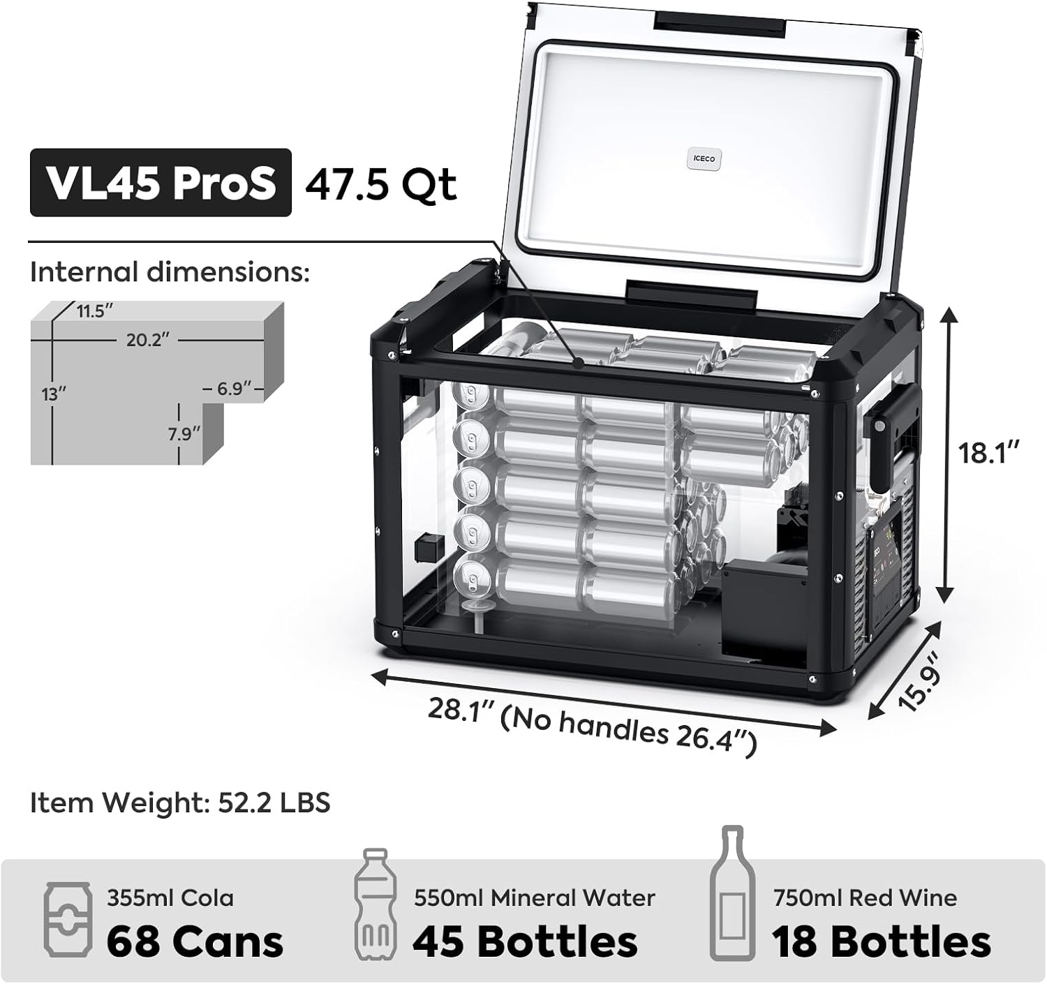 ICECO VL45 ProS 12 Volt Refrigerator with Multi-directional Lid, 45L Portable Fridge Freezer with SECOP Compressor, 0℉-50℉, Dual USB & DC, AC, for Outdoor, Car, RV, Travel |With BC75 Beach Chair Black