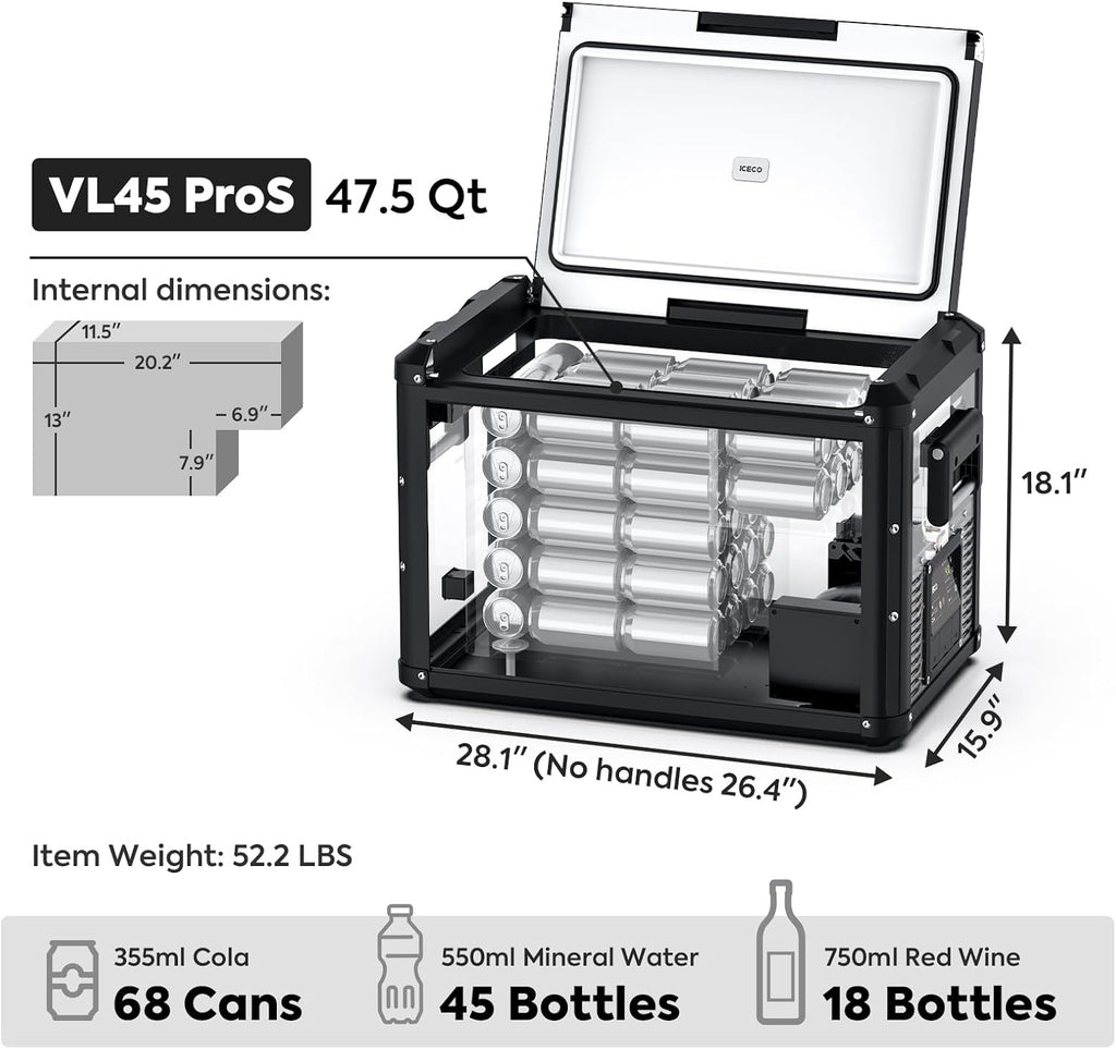 ICECO VL45 ProS Portable Fridge, Multi-directional Lid, 47 Quart 12V Refrigerator Powered by SECOP, Dual USB & DC, AC, 0℉-50℉, Car Freezer for Car, Outdoor, Trip|With BC75 Beach Chair Grey