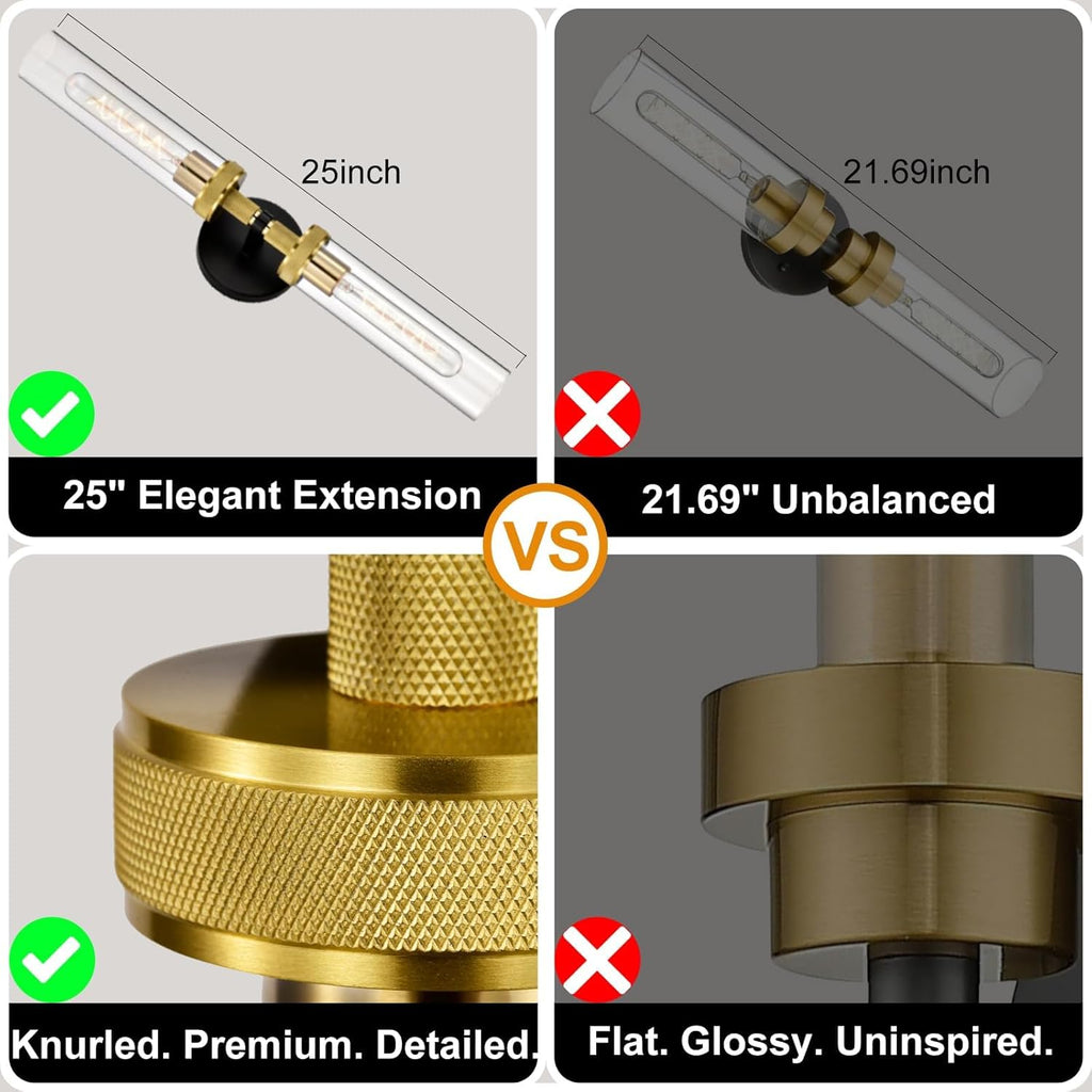 LaLuLa 2-Pack Hardwired Black and Gold Bathroom Vanity Light Fixtures – Modern 2-Light Wall Sconces with Knurled Texture and Clear Glass Shades, Bathroom Lighting Fixtures Over Mirror, 25 Inch