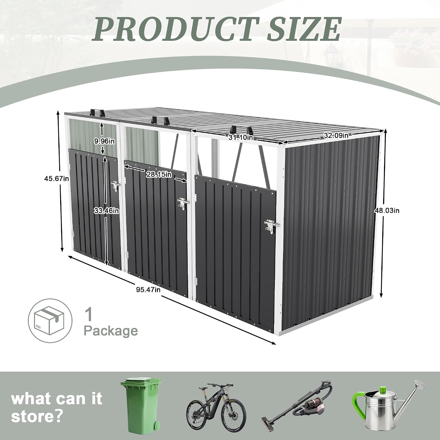 KEIKI 83 Cu.Ft Metal Outdoor Trash Can Storage Shed for 3 Bins, Garbage Bin Enclosure with Pneumatic Lid & Double Chain Design, Outdoor Storage for Garden, Patio & Lawn, Dark Gray