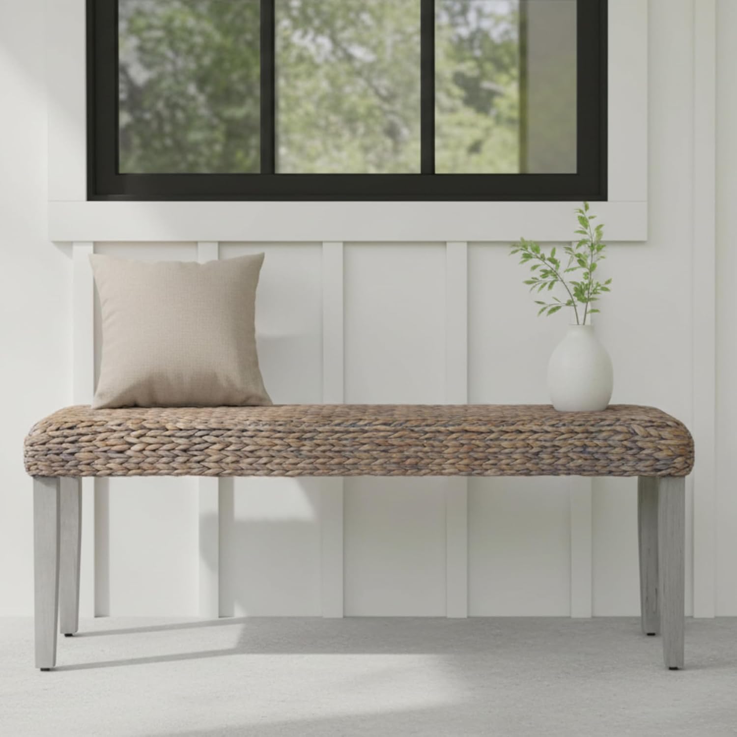 Solid Wood Acacia Indoor Bench with Natural Woven Water Hyacinth Seat, Wood Bench for Living Room or Entryway, Vintage Bench, Fishbone Style, Grey Leg