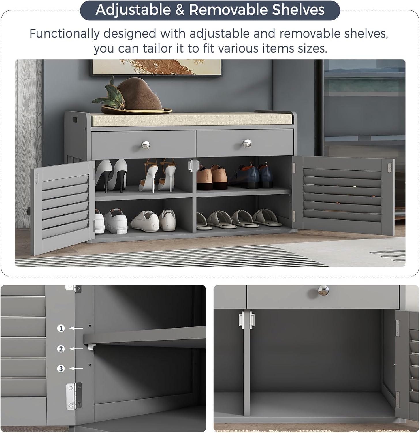 WARMHONIU Shoe Storage Bench with 2 Drawers, Entryway Bench with Cushion, Adjustable Shelves, Shoe Rack Bench with Louvered Doors for Entryway, Bedroom, Hallway, White