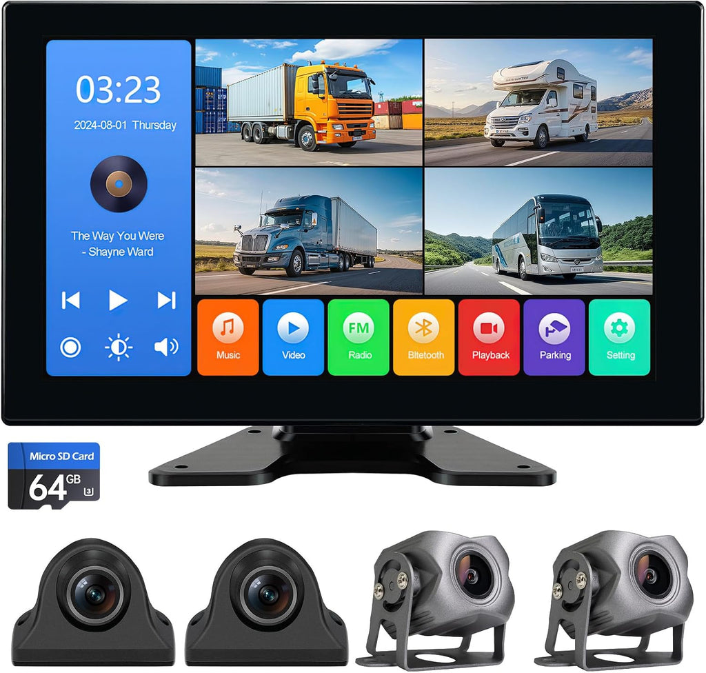4-Channel 1080p Backup Camera Dash Cam with 10.2'' Screen, DVR Recording Back Up Cam for RV/Truck/Trailer/Van/SUV/Cars, Quad Split Parking Monitor with Playback/Bluetooth/FM Radio/Music/Video Player