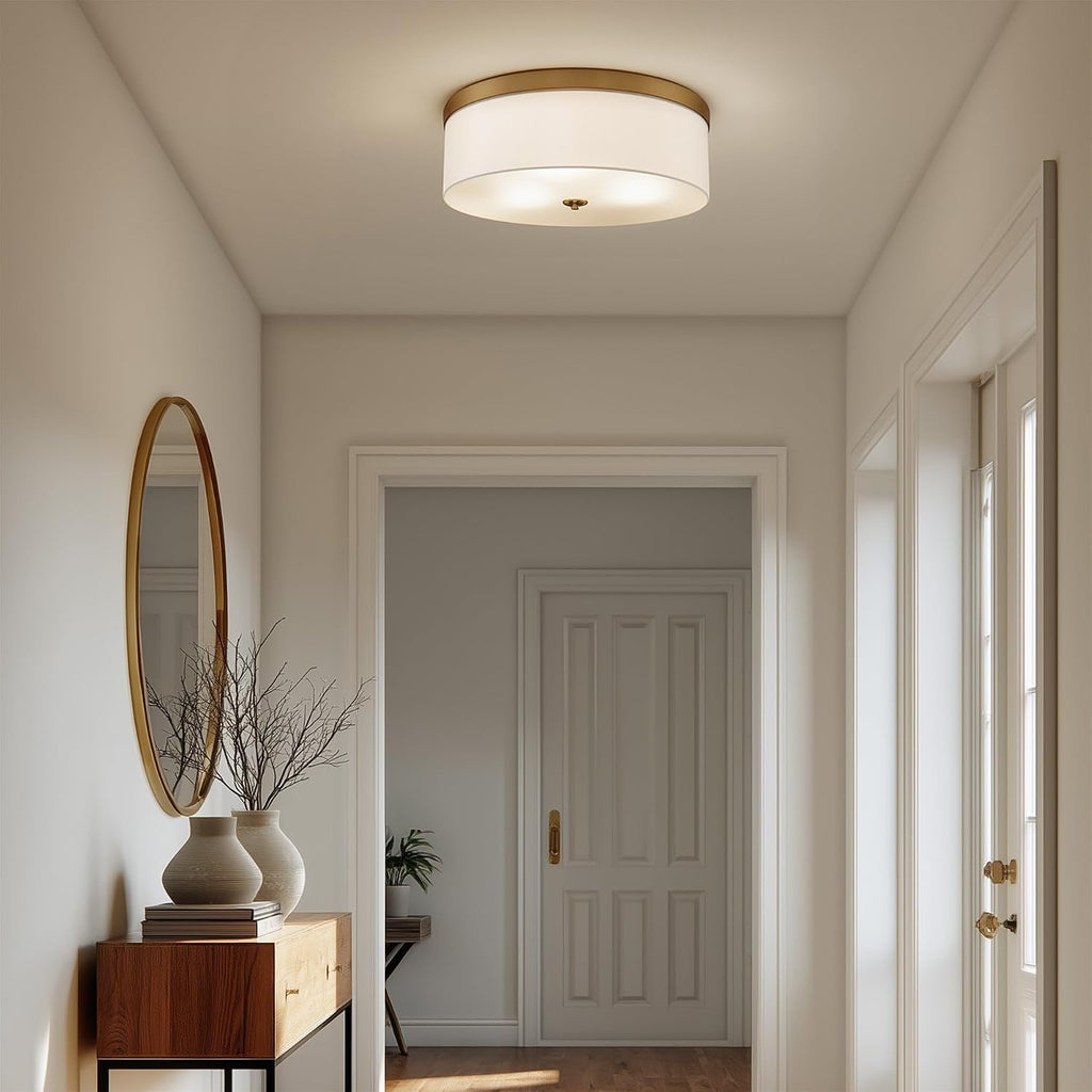 Kira Home Walker 20' Modern Drum Gold Flush Mount Ceiling Light, White Fabric Shade with Frosted Glass Diffuser, 3-Light Large Close to Ceiling Fixture, Cool Brass Finish