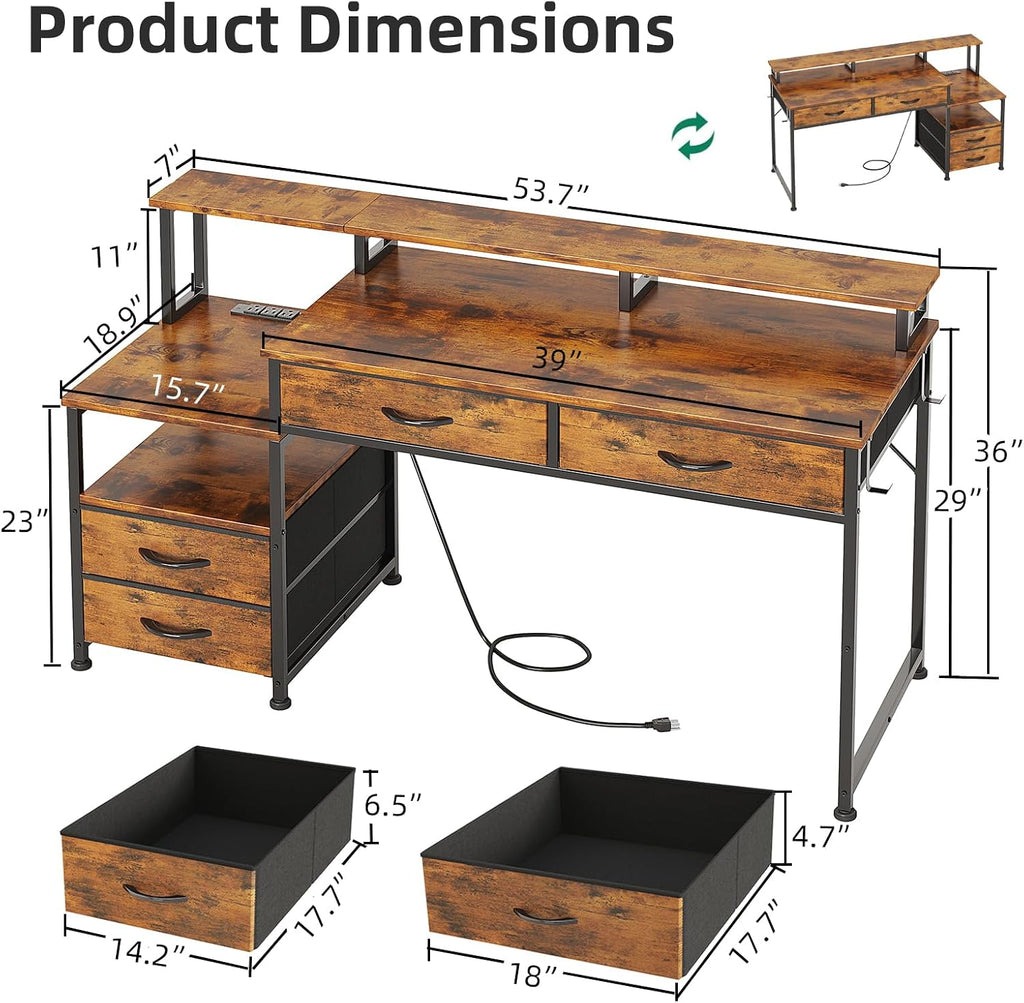 53' Computer Desk with 4 Drawers & Power Outlets, Reversible Home Office Desk with Monitor Stand & Printer Stand, Gaming Desks with Led Lights, Study Writing Work Desks Table for Bedroom, Vintage