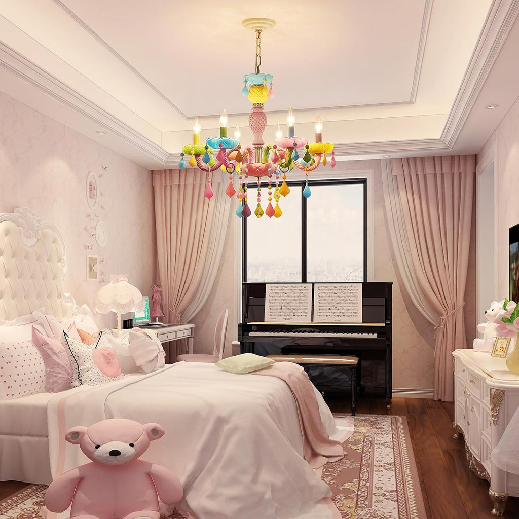 6-Light Children Crystal Chandeliers, Modern Design Rainbow Colorful Pendant Light Fixture for Bedroom, Dining Room, D23×H33~71 inch(Adjustable Height), Macaron Color Finish & K9 Crystal