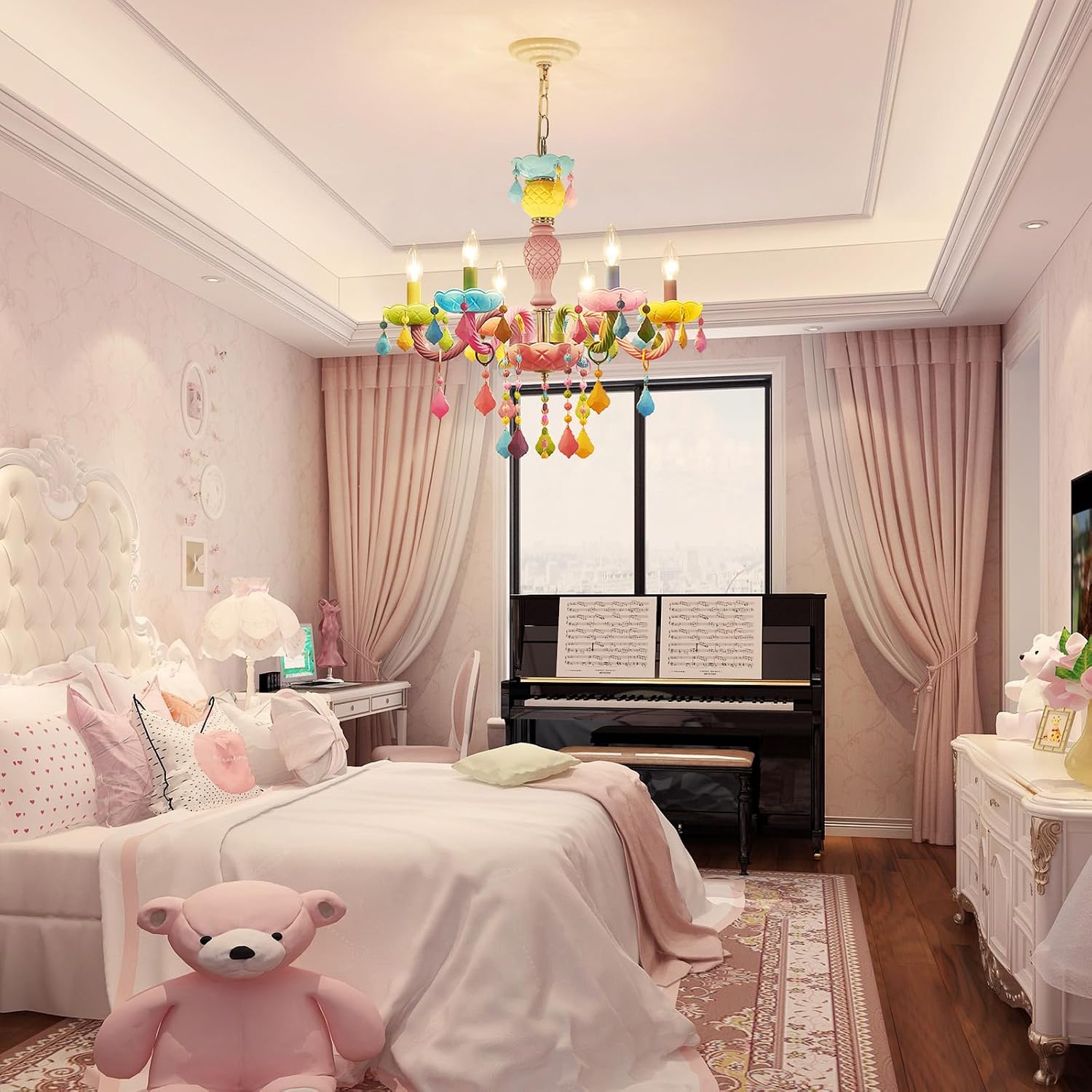 6-Light Children Crystal Chandeliers, Modern Design Rainbow Colorful Pendant Light Fixture for Bedroom, Dining Room, D23×H33~71 inch(Adjustable Height), Macaron Color Finish & K9 Crystal