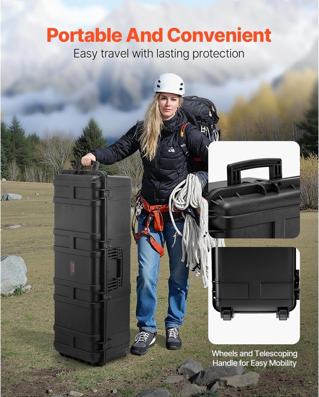 VEVOR Weatherproof Hard Case, Heavy Duty Protective Dry Box Case with Pre-Cut Foam Retractable Pull Handles for Travel, Hunt, Military, Tactical, IP67 Waterproof Case for Cameras(44.09*15.94*13.46)