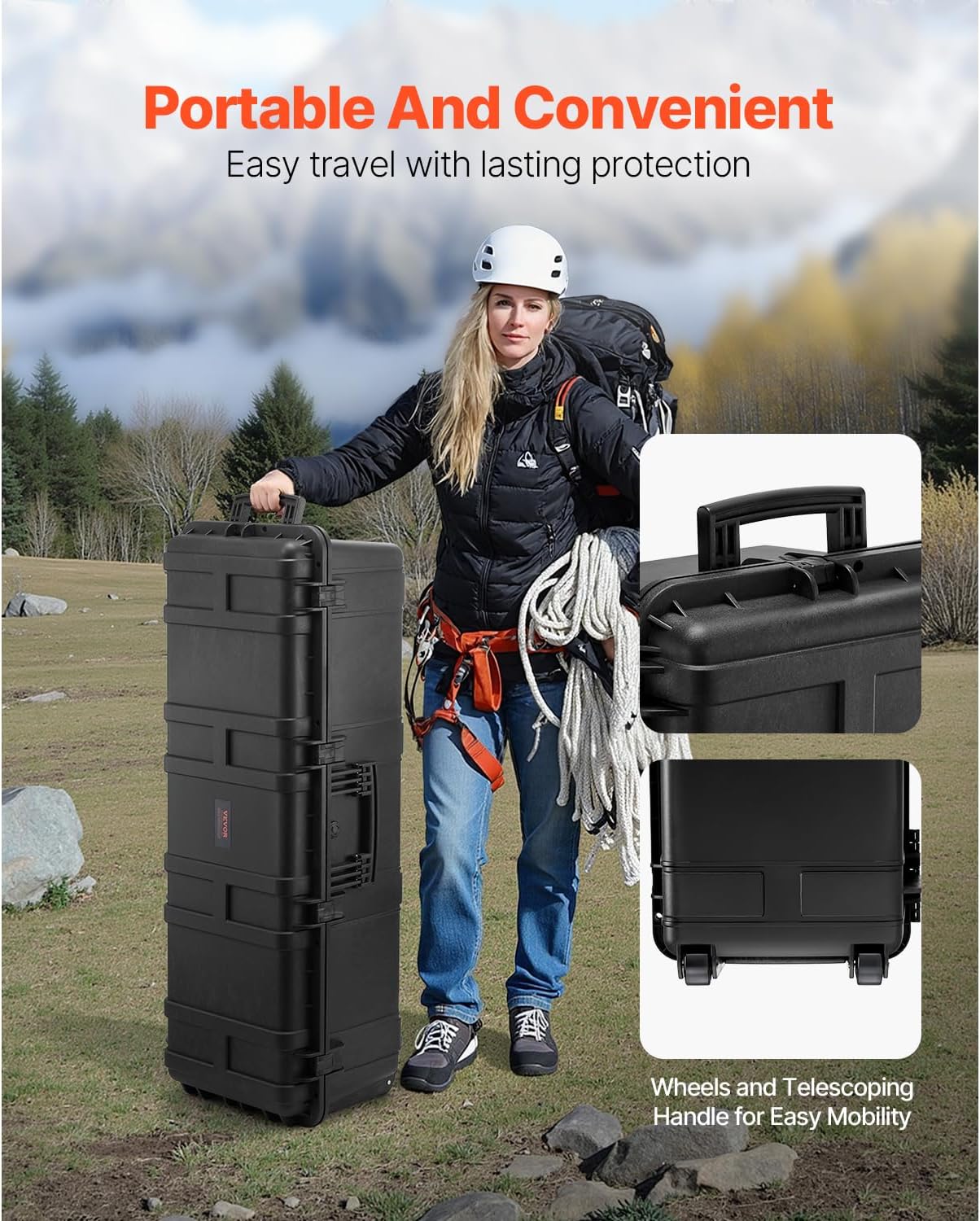 VEVOR Weatherproof Hard Case, Heavy Duty Protective Dry Box Case with Pre-Cut Foam Retractable Pull Handles for Travel, Hunt, Military, Tactical, IP67 Waterproof Case for Cameras(44.09*15.94*13.46)