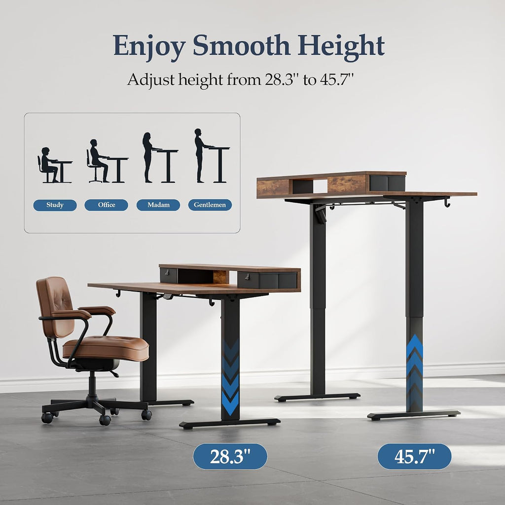 Klicelor 55 x24 Inch Electric Standing Desk with Drawers, Adjustable Height Small Sit Stand Desk for Home Office, Compact Computer Workstation with Storage– Rustic Brown