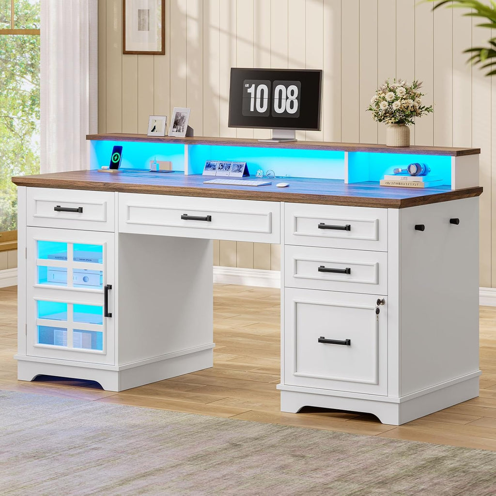 UPOSOJA 60'' Farmhouse Executive Desk with Drawers, Home Office Desk with Power Outlet & LED Light, Wood Computer Desk with Monitor Stand, Locking File Drawer, Glass Storage Cabinet, Hooks, White
