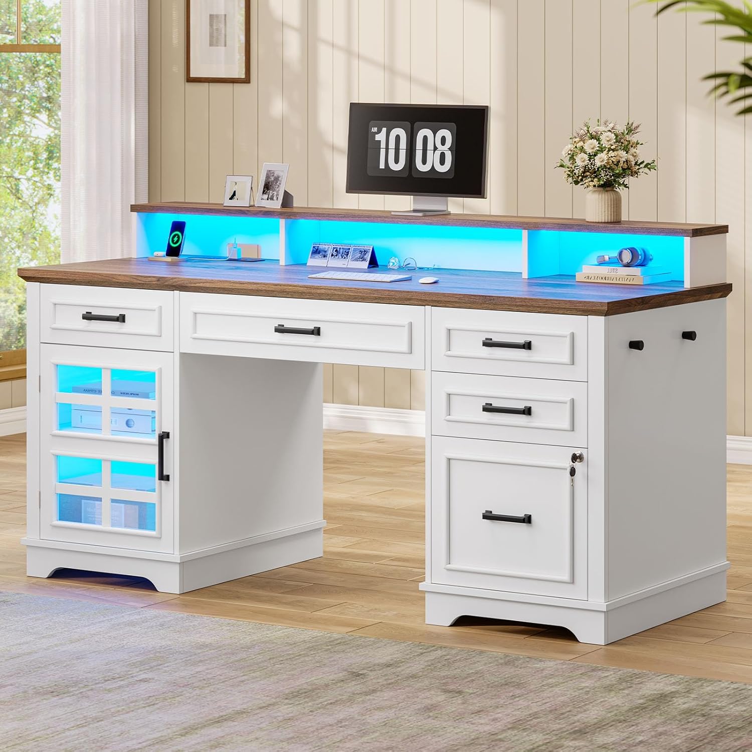 UPOSOJA 60'' Farmhouse Executive Desk with Drawers, Home Office Desk with Power Outlet & LED Light, Wood Computer Desk with Monitor Stand, Locking File Drawer, Glass Storage Cabinet, Hooks, White