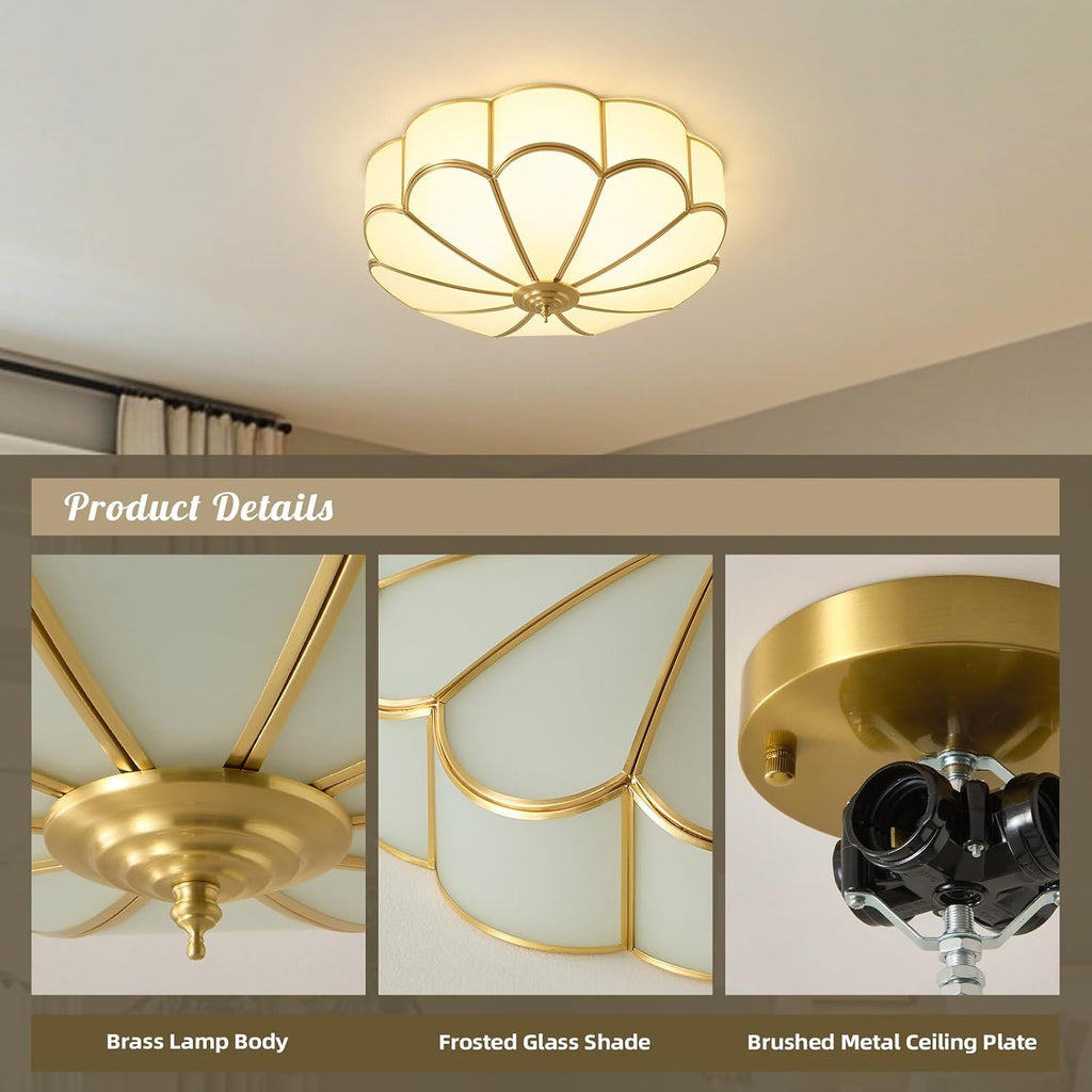 Brass Vintage Gold Ceiling Light - Large 17.7 Inch Milk Glass Mid Century Flush Mount Lighting Fixtures - Art Deco Antique Modern Lamp for Hallway Bathroom Bedroom Kitchen Entryway Laundry Foyer Hall