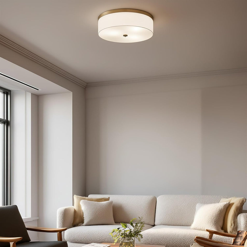 Kira Home Walker 20' Modern Drum Gold Flush Mount Ceiling Light, White Fabric Shade with Frosted Glass Diffuser, 3-Light Large Close to Ceiling Fixture, Cool Brass Finish
